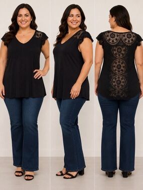Modern Movement Black Lace Flutter Sleeve Top Womens Large Boho Stretch Blouse